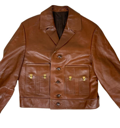 VTG 70s 80s BROWN LEDER-ORT POTSDAM NOTCHED COLLAR CROPPED LEATHER JACKET MEDIUM