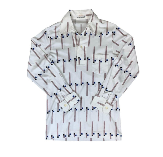 VTG 70s 'HOPE' WHITE RED BLUE GEOMETRIC PATTERN DAGGER COLLAR GOLF POLO SHIRT S
