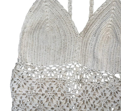 90s Y2K 'RIP CURL' OFF-WHITE FESTIVAL BOHO CROCHET SURF TIE-UP VEST TANK TOP S 8