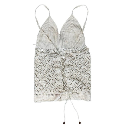 90s Y2K 'RIP CURL' OFF-WHITE FESTIVAL BOHO CROCHET SURF TIE-UP VEST TANK TOP S 8