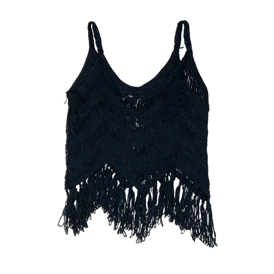 90s Y2K BLACK CROCHET TASSEL CHEVRON FESTIVAL BOHO TANK VEST TOP M 12