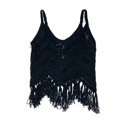 90s Y2K BLACK CROCHET TASSEL CHEVRON FESTIVAL BOHO TANK VEST TOP M 12