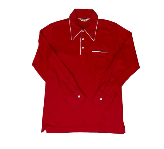 VTG 70s 'BLACK SATAN' TOP VALUE RED DAGGER COLLAR POLO SHIRT SMALL