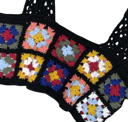 90s Y2K BLACK MILTI-COLOURED GRANNY SQUARE CROCHET BOHO CROP TANK TOP SMALL 8