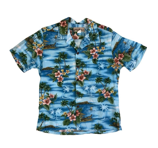 VTG BLUE HAWAII HAWAIIAN MADE ELVIS ALOHA SHIRT COTTON TIKI ROCKABILLY S 38”