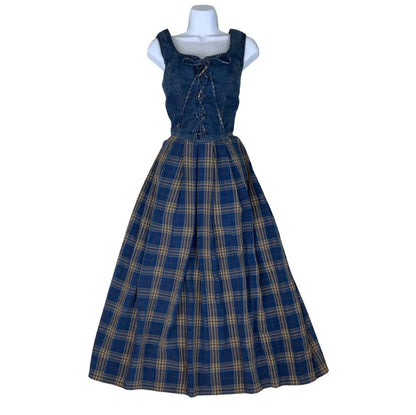 VTG 90s 'GEISSWEIN' BLUE TARTAN DENIM CORSET LONG SLEEVELESS SUMMER DRESS S 10