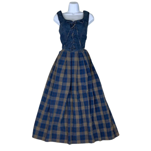 VTG 90s 'GEISSWEIN' BLUE TARTAN DENIM CORSET LONG SLEEVELESS SUMMER DRESS S 10