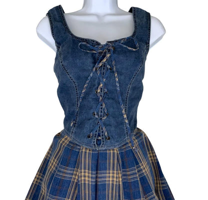 VTG 90s 'GEISSWEIN' BLUE TARTAN DENIM CORSET LONG SLEEVELESS SUMMER DRESS S 10