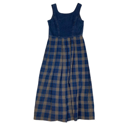 VTG 90s 'GEISSWEIN' BLUE TARTAN DENIM CORSET LONG SLEEVELESS SUMMER DRESS S 10