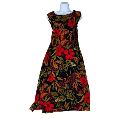 VTG 80s 90s 'CALIFORNIA KRUSH' RED GREEN BLACK BOTANICAL MAXI SUMMER DRESS M 12