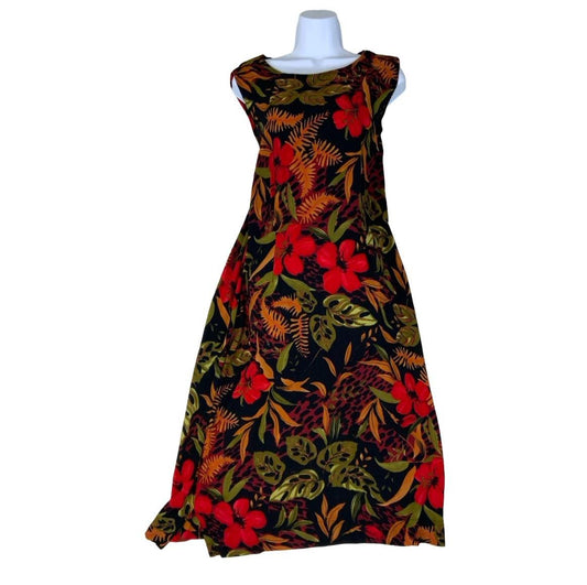 VTG 80s 90s 'CALIFORNIA KRUSH' RED GREEN BLACK BOTANICAL MAXI SUMMER DRESS M 12