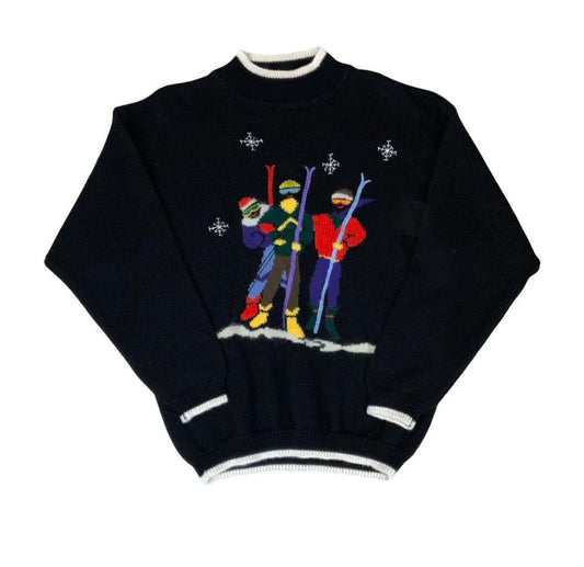 VTG 90s DOES 80s RETRO BLACK SKI GRAPHIC EMBROIDERED PULL-OVER JUMPER MEDIUM