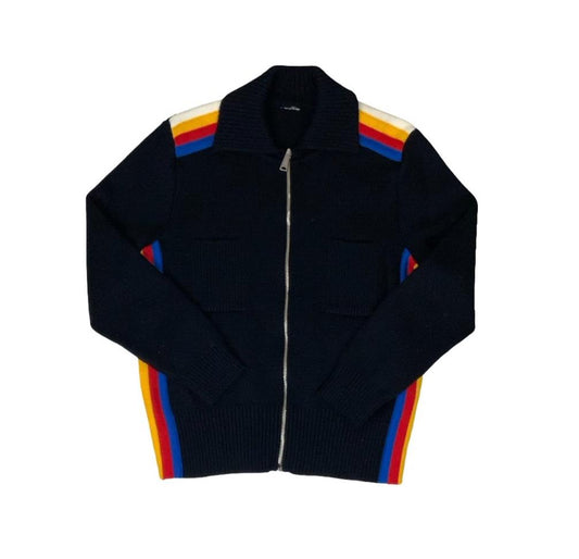 VTG 90s BLACK YELLOW RED BLUE WHITE STRIPED ZIP-UP CARDIGAN SMALL