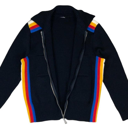 VTG 90s BLACK YELLOW RED BLUE WHITE STRIPED ZIP-UP CARDIGAN SMALL