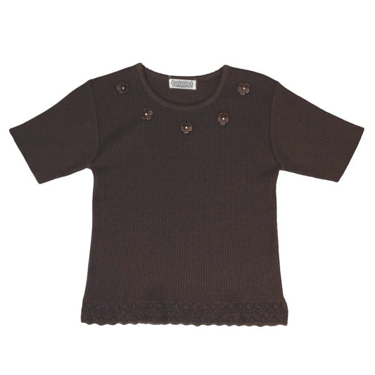 VTG 90s 'NAM NAM' BROWN SHORT SLEEVED KNITTED FLORAL DETAIL TOP XS 6