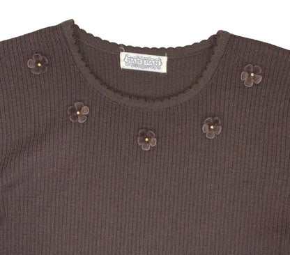 VTG 90s 'NAM NAM' BROWN SHORT SLEEVED KNITTED FLORAL DETAIL TOP XS 6