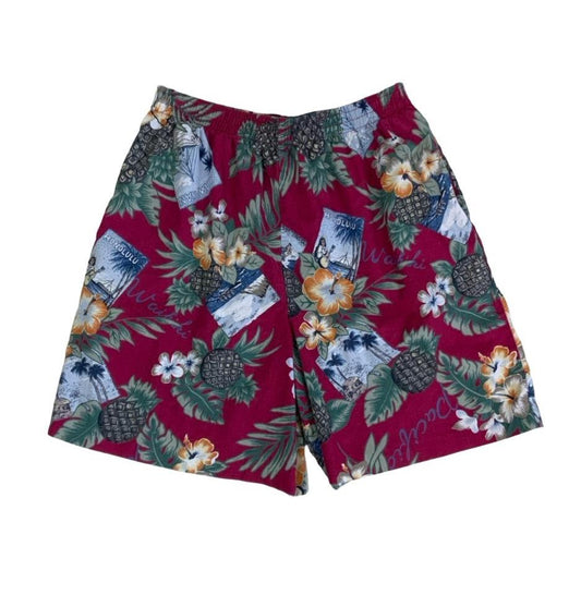 VTG 'HILO HATTIE' PINK GREEN BLUE FLORAL PINEAPPLE PATTERN HAWAIIAN SHORTS S M