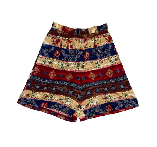 VTG 90s 'TR BENTLEY' RED BROWN BEIGE FLORAL STRIPED CASUAL HOIDAY BEACH SHORTS S