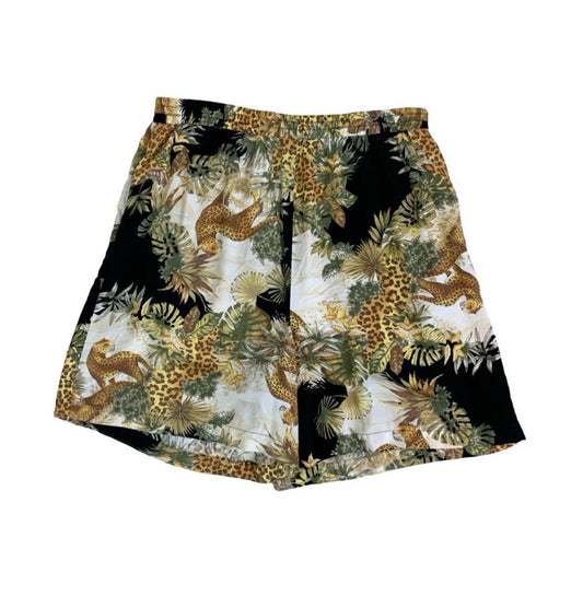 VTG y2k 90s BLACK GREEN BEIGE ANIMAL LEOPARD SAFARI PATTERNED SHORTS M L
