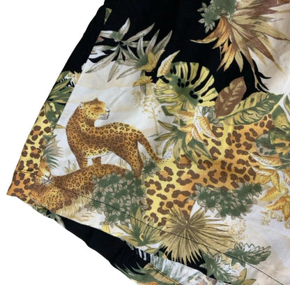 VTG y2k 90s BLACK GREEN BEIGE ANIMAL LEOPARD SAFARI PATTERNED SHORTS M L