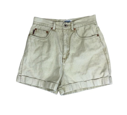 VTG 90s SOHO HIGH-WAIST OFF-WHITE STRIPE EMBROIDERED DENIM HOT PANT BEACH SHORTS