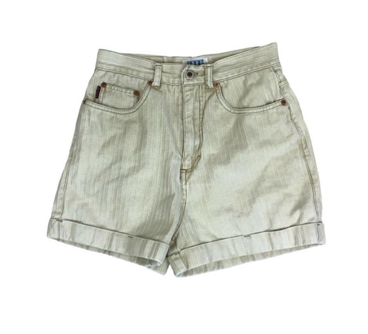 VTG 90s SOHO HIGH-WAIST OFF-WHITE STRIPE EMBROIDERED DENIM HOT PANT BEACH SHORTS