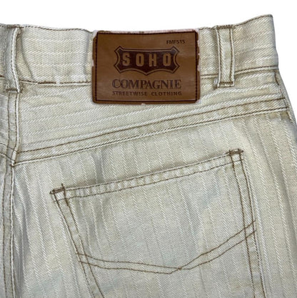 VTG 90s SOHO HIGH-WAIST OFF-WHITE STRIPE EMBROIDERED DENIM HOT PANT BEACH SHORTS