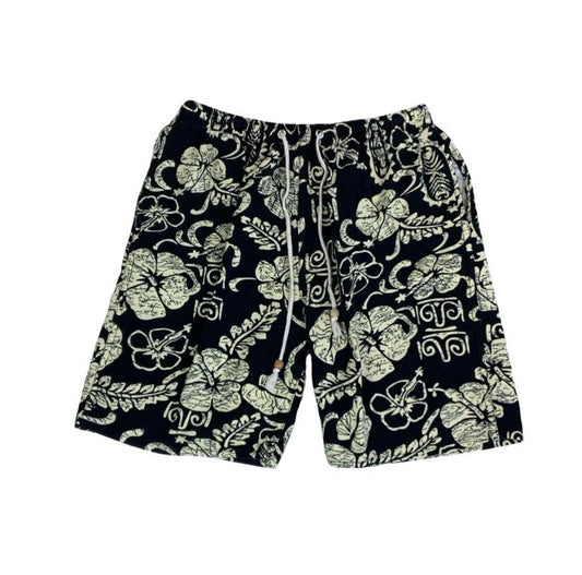 VTG BLACK WHITE FLORAL ELASTICATED HIGH-WAIST HAWAIIAN SHORTS SMALL