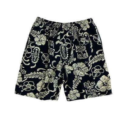 VTG BLACK WHITE FLORAL ELASTICATED HIGH-WAIST HAWAIIAN SHORTS SMALL