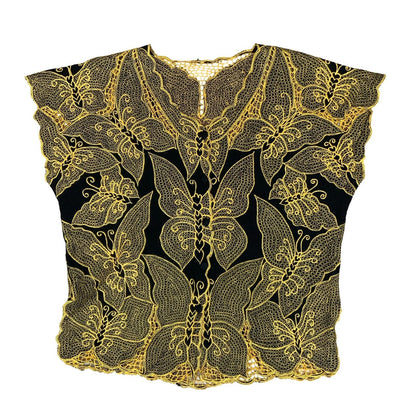 VTG LACE BUTTERFLY GOLD BLACK FESTIVAL PARTY BUTTON-UP CAP SLEEVE BLOUSE L 16
