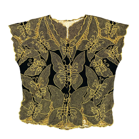 VTG LACE BUTTERFLY GOLD BLACK FESTIVAL PARTY BUTTON-UP CAP SLEEVE BLOUSE L 16