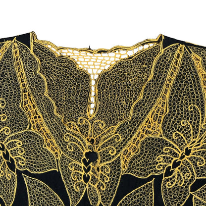 VTG LACE BUTTERFLY GOLD BLACK FESTIVAL PARTY BUTTON-UP CAP SLEEVE BLOUSE L 16