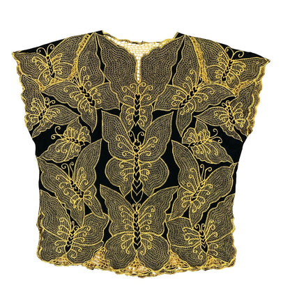 VTG LACE BUTTERFLY GOLD BLACK FESTIVAL PARTY BUTTON-UP CAP SLEEVE BLOUSE L 16