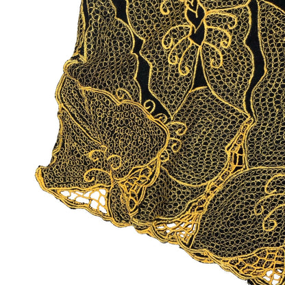 VTG LACE BUTTERFLY GOLD BLACK FESTIVAL PARTY BUTTON-UP CAP SLEEVE BLOUSE L 16