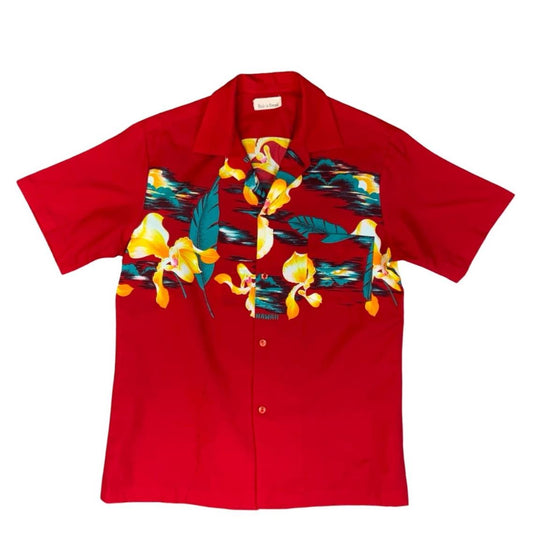 VTG HAWAIIAN MADE RAYON ALOHA SHIRT TIKI ROCKABILLY HAWAII HIBISCUS SURF SMALL