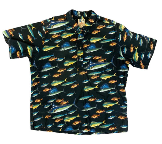 VTG KAHALA JOHN SEVERSON FISH HAWAIIAN MADE ALOHA SHIRT COTTON SURF 2XL