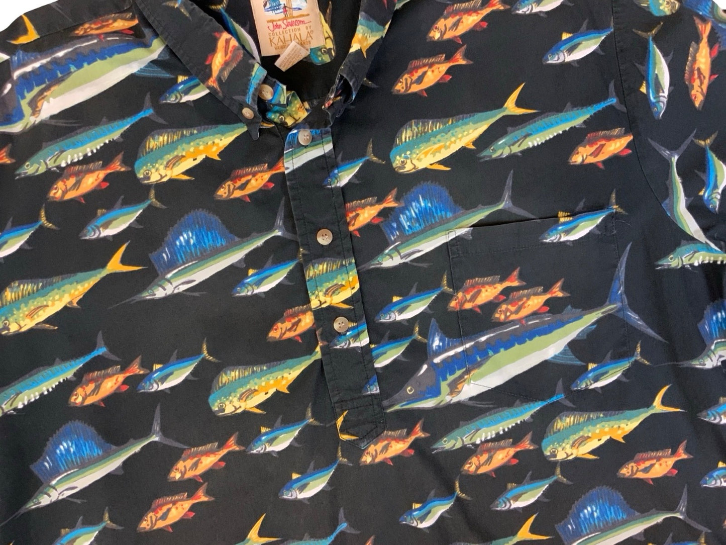 VTG KAHALA JOHN SEVERSON FISH HAWAIIAN MADE ALOHA SHIRT COTTON SURF 2XL