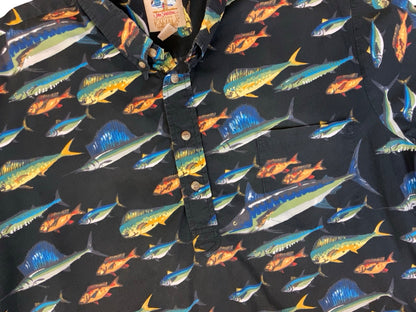 VTG KAHALA JOHN SEVERSON FISH HAWAIIAN MADE ALOHA SHIRT COTTON SURF 2XL