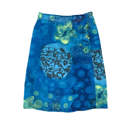 90s 'DEVILLE' BLUE GREEN TROPICAL HAWAIIAN FLORAL SUMMER BEACH MIDI SKIRT 8 10