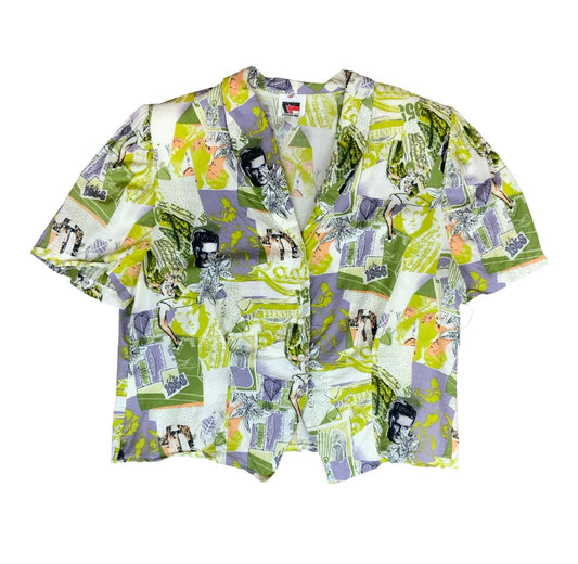 90s 'ALEXANDRA SILVA' GREEN WHITE 1956 NOVELTY GRAPHIC CROPPED BLOUSE UK 16