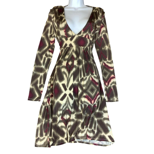 VTG 90s 'MORGAN' BROWN PURPLE GEOMETRIC PRINTED WRAP FRONT PLEATED MIDI DRESS XS