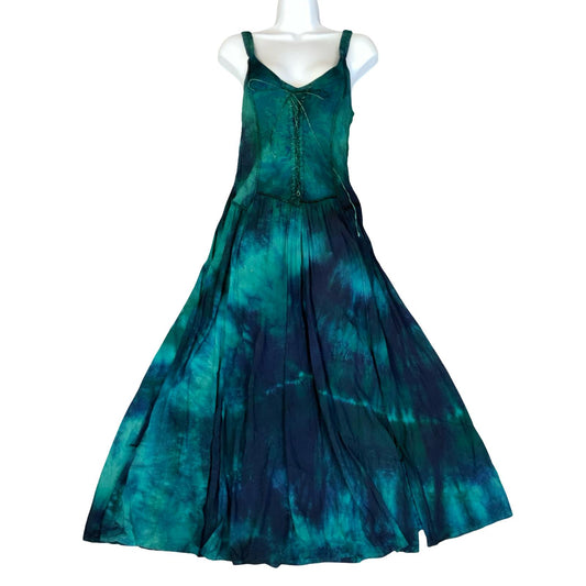 VTG 90s y2k 'MCL' GREEN BLUE BLACK TIE-DYE HIPPIE BOHO SUMMER BEACH DRESS S 10