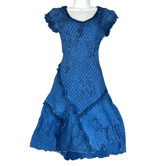 VTG 90s does 70s 'COLINE' BLUE BOHO HIPPIE TIERED RUFFLE TEXTURED MIDI DRESS S 8