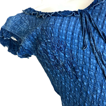 VTG 90s does 70s 'COLINE' BLUE BOHO HIPPIE TIERED RUFFLE TEXTURED MIDI DRESS S 8