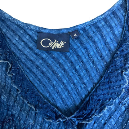 VTG 90s does 70s 'COLINE' BLUE BOHO HIPPIE TIERED RUFFLE TEXTURED MIDI DRESS S 8