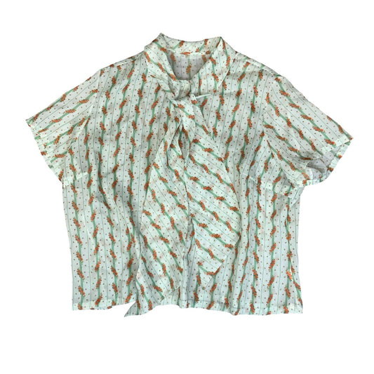 VTG 70S 'DANILLA' GREEN ORANGE STRIPE FLORAL BOW TIE SHORT SLEEVE BLOUSE 3XL 22