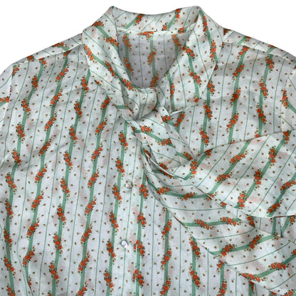 VTG 70S 'DANILLA' GREEN ORANGE STRIPE FLORAL BOW TIE SHORT SLEEVE BLOUSE 3XL 22