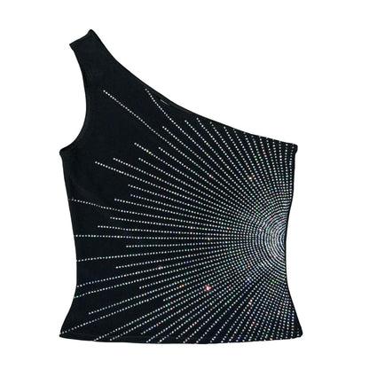 VTG 90s 'NEW LOOK' BLACK SILVER DIAMANTÉ GLAM ASYMMETRIC ONE-SHOULDER TANK TOP S