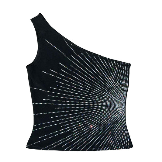 VTG 90s 'NEW LOOK' BLACK SILVER DIAMANTÉ GLAM ASYMMETRIC ONE-SHOULDER TANK TOP S
