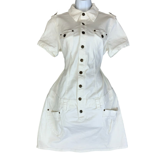 VTG 90s 'BUFFALO LONDON' WHITE DROP WAIST MINI DENIM CARGO POCKETS DRESS S M 12